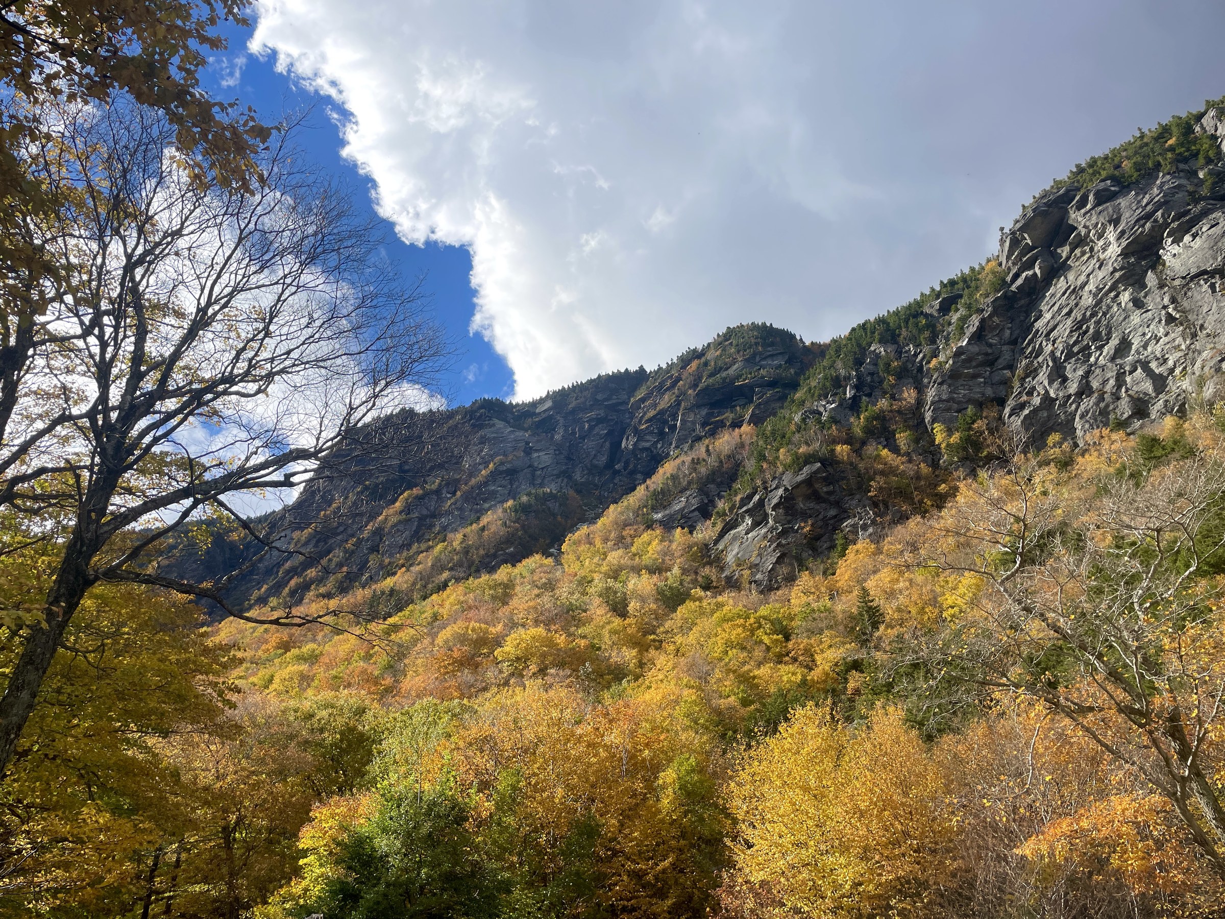 Fall foliage beneath the cliffs of the Smugglers’ Notch mountain pass