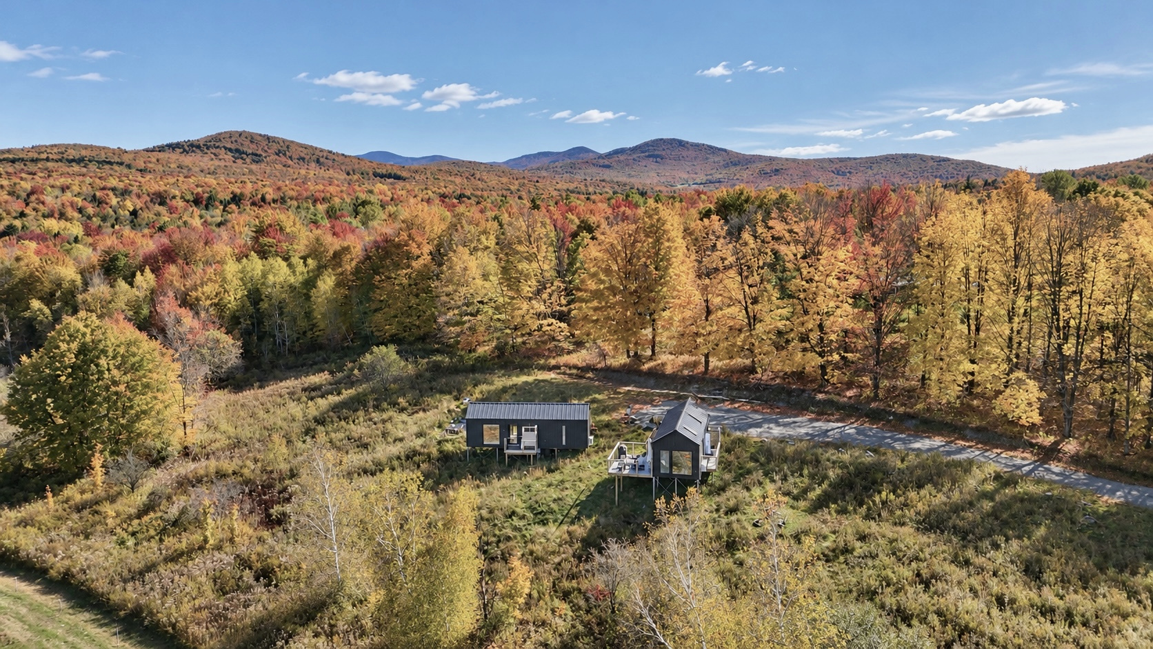 Maisons Alice and Roméo with autumn views toward Montgomery, Belvidere Mountain and Jay Peak