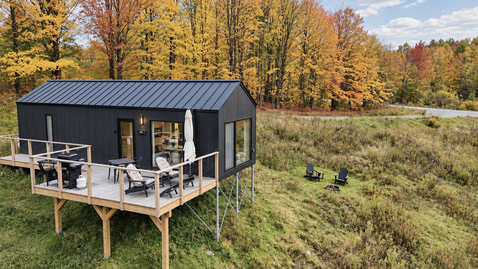 Maison Alice and its private deck among autumn maples
